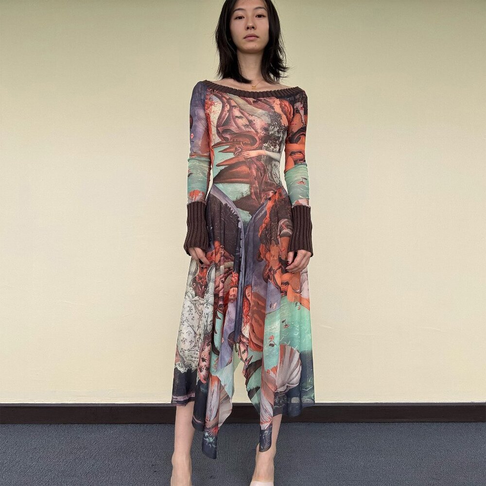 Jean Paul Gaultier birth of Venus mesh long sleeve dress